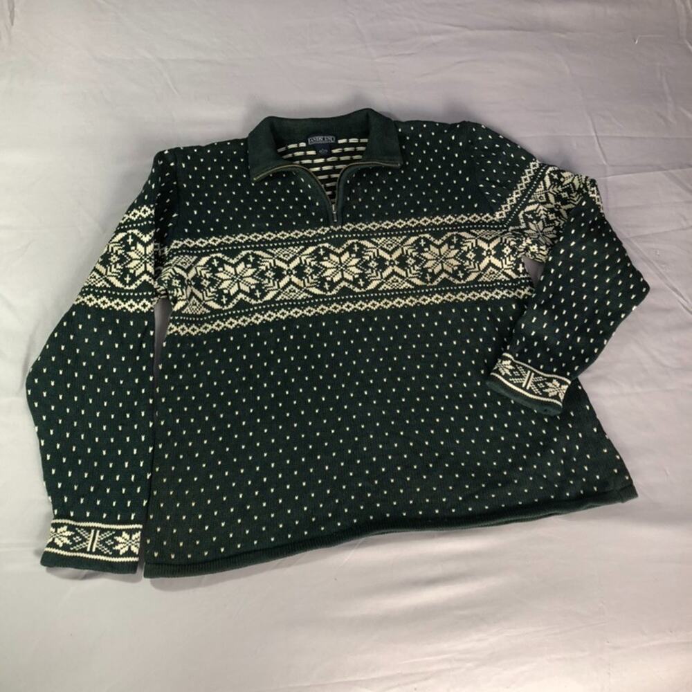 Vintage Nordic Snowflake 1/4 Zip‎ Pullover Sweater Land's End Large Forest Green